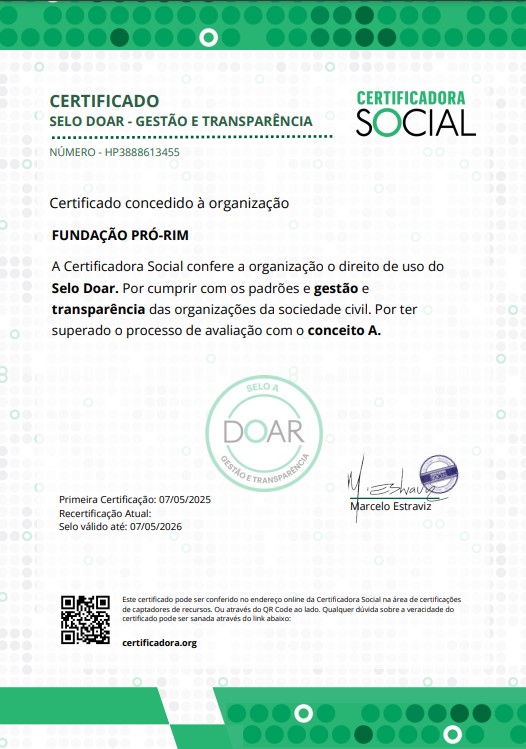 Pró-Rim conquista Selo Doar e fortalece sua transparência e credibilidade