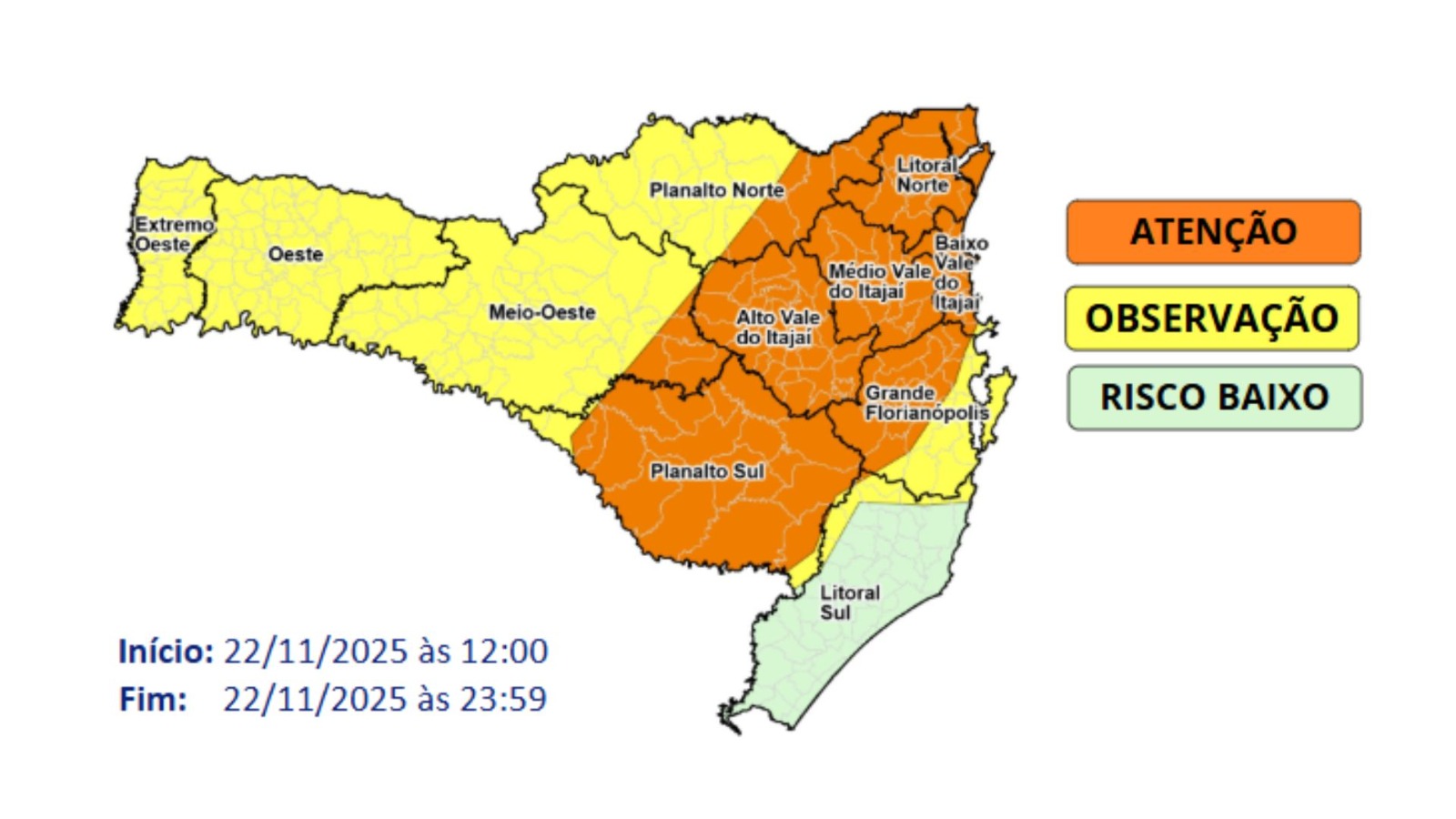 Defesa Civil emite alerta de temporal para este sábado (22/11)