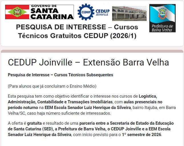 Barra Velha receberá cursos técnicos do CEDUP a partir de 2026