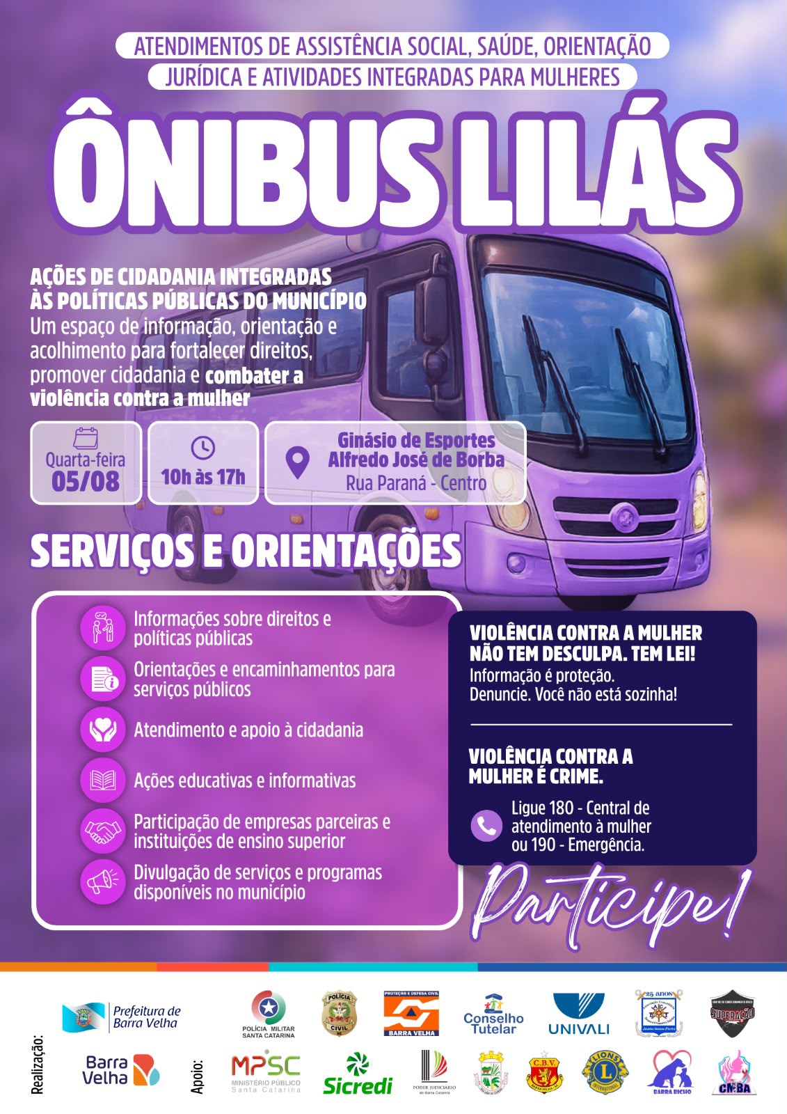 Barra Velha recebe o Ônibus Lilás e uma grande Ação de Cidadania para toda a comunidade!