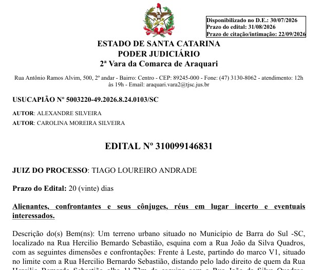 EDITAL Nº 310099146831 – USUCAPIÃO Nº 5003220-49.2026.8.24.0103/SC – 1ª Publicação