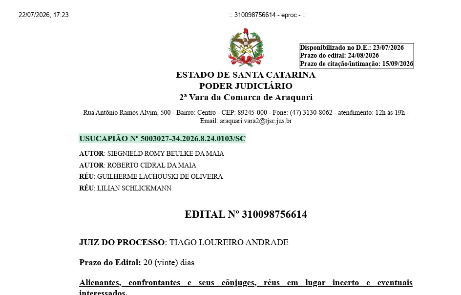 EDITAL Nº 310098756614 – USUCAPIÃO Nº 5003027-34.2026.8.24.0103SC – 1ª Publicação