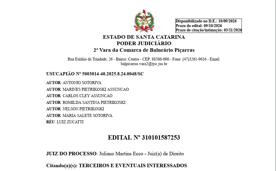 EDITAL Nº 310101587253 – USUCAPIÃO Nº 5003014-40.2025.8.24.0048/SC 1ª Publicação