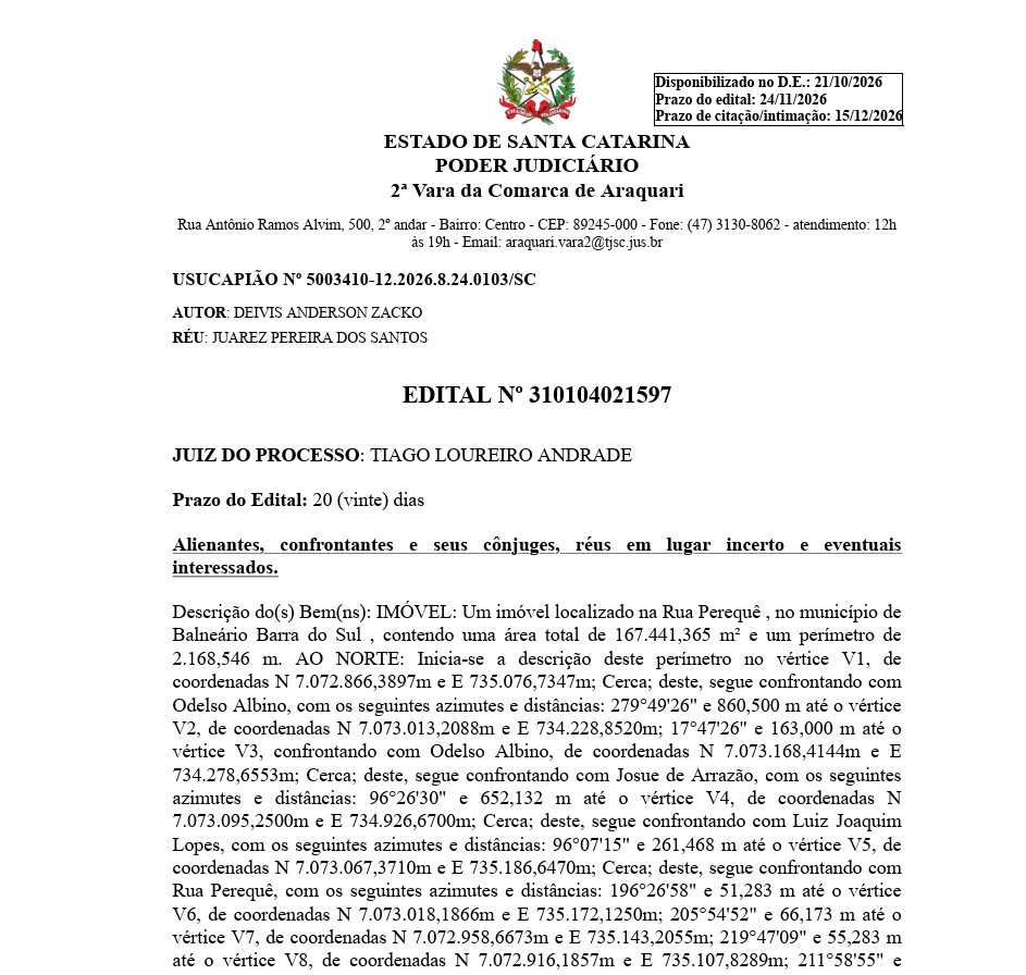EDITAL Nº 310104021597 – USUCAPIÃO Nº 5003410-12.2026.8.24.0103/SC – 1ª Publicação